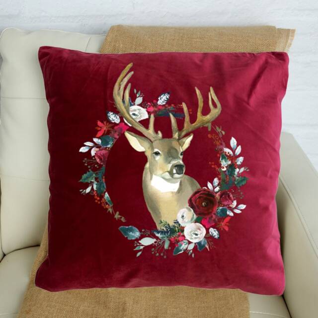 Reindeer & Christmas Flowers Velvet Cushion/Decor 6 Colours Gift For Her Throw Pillow Xmas Decoration - image 1