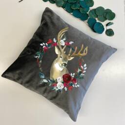 Reindeer & Christmas Flowers Velvet Cushion/Decor 6 Colours Gift For Her Throw Pillow Xmas Decoration - thumbnail 2