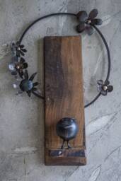Metal & Wood Wall Sculpture - Black Birds With Wreath Of Metal Flowers, Original Artwork By The Steel Style Things, Signed