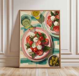 Caprese Salad Poster Print, Italian Kitchen Wall Art, Food Illustration With Tomatoes Mozzarella & Basil, Mediterranean Dining Decor - thumbnail 1