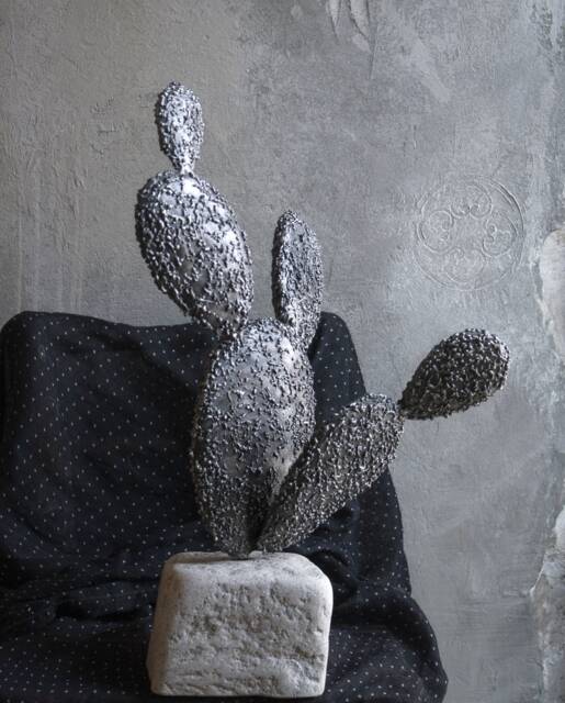 Metal Cactus Stone Pedestal, Botanical Art, Iron Sculpture By The Steel Style Things, 6Th Anniversary - image 1