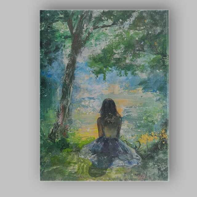 Impressionist Girl By Tranquil Forest Lake Landscape Painting Canvas Wall Art Print Decor Picture Ready To Hang - image 1