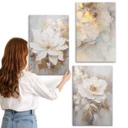 3 Piece Canvas Set - Flowers On A Light Background With Patterns, Creamy Wall Art, Plants & Hanging - thumbnail 3