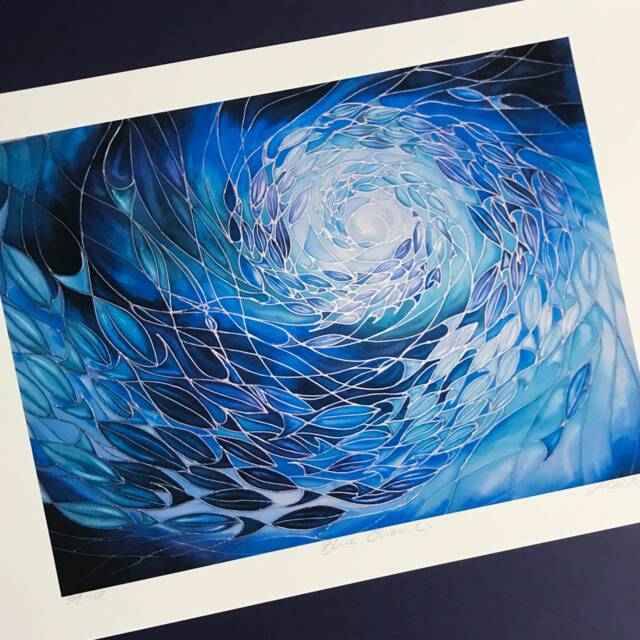 Deep Blue Swirling Shoal Print - Blue, Aqua, Ultramarine & Turquoise Ocean Waves- Unmounted Wall Art Nautical Decor - image 1