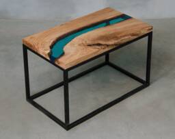 Personalised Live Edge Coffee Table, Little Epoxy Table Made Of Oak Wood, Blue Uv Resin River To Modern Living Room