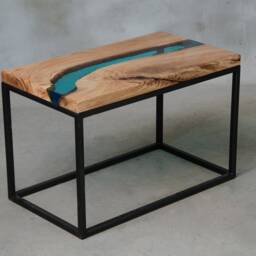 Personalised Live Edge Coffee Table, Little Epoxy Table Made Of Oak Wood, Blue Uv Resin River To Modern Living Room - thumbnail 2