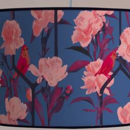 Cylindrical Modern Lampshade, Pink Peonies & Red Birds On Navy Blue Background, Vibrant Floral Decor, Available in Lampshade Pendant - thumbnail 3