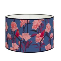 Cylindrical Modern Lampshade, Pink Peonies & Red Birds On Navy Blue Background, Vibrant Floral Decor, Available in Lampshade Pendant - thumbnail 1