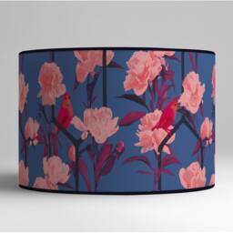 Cylindrical Modern Lampshade, Pink Peonies & Red Birds On Navy Blue Background, Vibrant Floral Decor, Available in Lampshade Pendant - thumbnail 2
