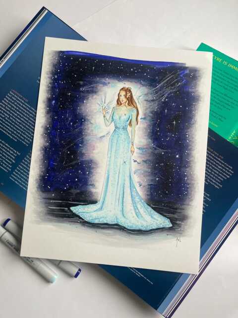 Original Starfall Dress Fashion Art, Book Inspired Illustration