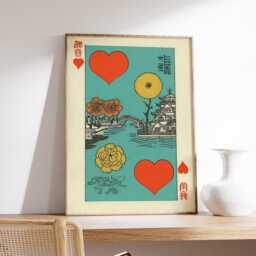 Japanese Playing Card Art Print, Mid Century Modern Wall Art, Vintage Hearts Poster, Retro Asian Inspired Home Decor - thumbnail 2