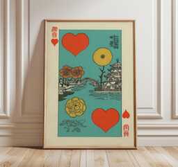 Japanese Playing Card Art Print, Mid Century Modern Wall Art, Vintage Hearts Poster, Retro Asian Inspired Home Decor - thumbnail 1