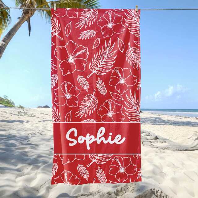 Custom Hawaiian Floral Beach Towel, Name Birthday Party Pool Tropical Bath Vacation Gift, Lover's Gifts - image 1