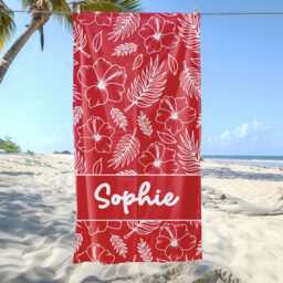 Custom Hawaiian Floral Beach Towel, Name Birthday Party Pool Tropical Bath Vacation Gift, Lover's Gifts