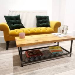 Industrial Raw Steel & Wood Coffee Table - Handmade Mesh Shelf Rustic UK Made Living Room Furniture - thumbnail 3