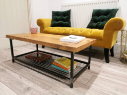 Industrial Raw Steel & Wood Coffee Table - Handmade Mesh Shelf Rustic UK Made Living Room Furniture