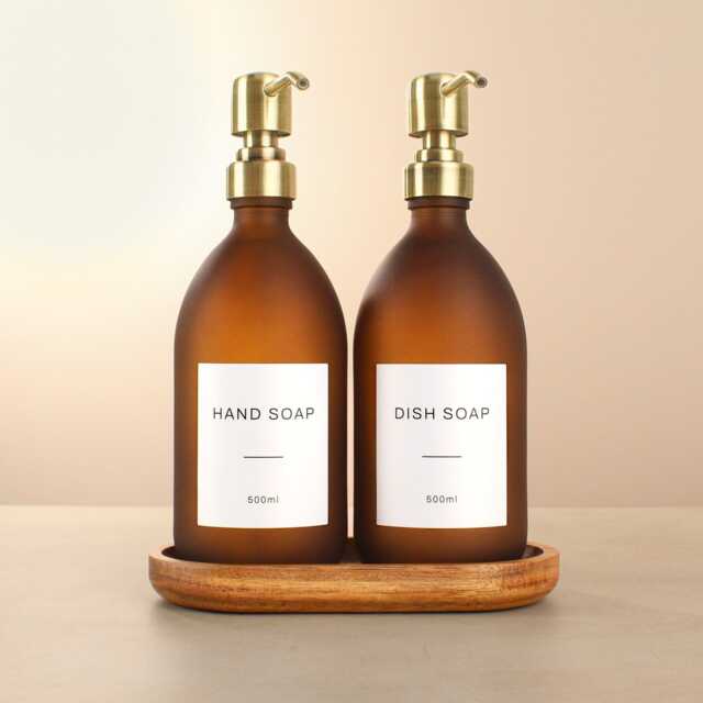 Acacia Tray & Frosted Amber Dispenser Set - Labelled Refillable Bottle With Gold Pump & Label - For Shampoo, Hand Soap, Cream, Body Wash - image 1