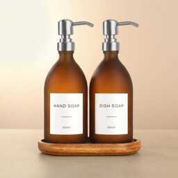Acacia Tray & Frosted Amber Dispenser Set - Labelled Refillable Bottle With Gold Pump & Label - For Shampoo, Hand Soap, Cream, Body Wash - thumbnail 3
