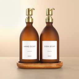 Acacia Tray & Frosted Amber Dispenser Set - Labelled Refillable Bottle With Gold Pump & Label - For Shampoo, Hand Soap, Cream, Body Wash