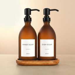 Acacia Tray & Frosted Amber Dispenser Set - Labelled Refillable Bottle With Gold Pump & Label - For Shampoo, Hand Soap, Cream, Body Wash - thumbnail 2
