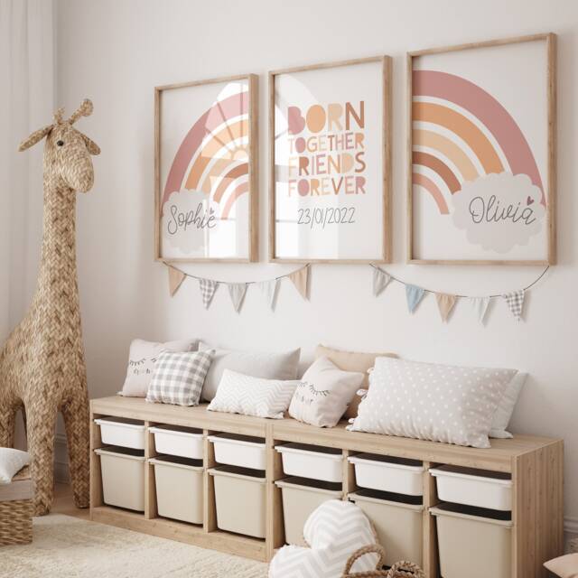 Set Of 3 Nursery Prints, Born Together Friends Forever, Boho Wall Art, Sisters Bedroom Rainbow Siblings, Twins Art - image 1