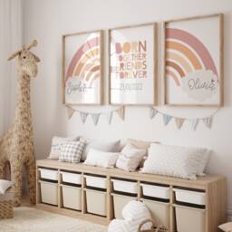 Set Of 3 Nursery Prints, Born Together Friends Forever, Boho Wall Art, Sisters Bedroom Rainbow Siblings, Twins Art - thumbnail 1