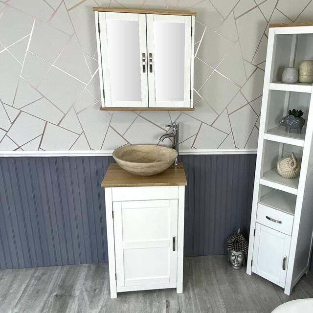 Cloakroom Small Compact Oak Bathroom Modern Vanity Cabinet & Stone Basin 308P - image 1