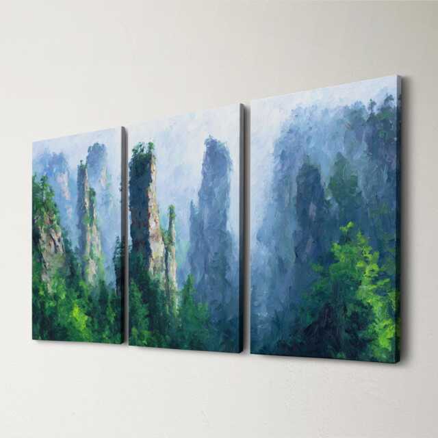 Zhangjiajie Sandstone Pillars Canvas Wall Art - Modern Triptych Oil Painting Asian Travel Home Decor Hong Kong Skyline Landscape - image 1