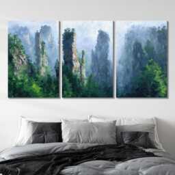 Zhangjiajie Sandstone Pillars Canvas Wall Art - Modern Triptych Oil Painting Asian Travel Home Decor Hong Kong Skyline Landscape - thumbnail 2