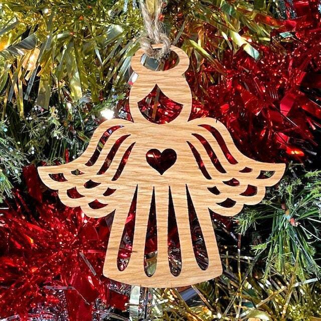 Wooden Beautiful Angel Christmas Tree Decoration - Xmas Ornament in Oak, Walnut Cherry Wood Or Silver, Gold, Red, Green Glitter - image 1