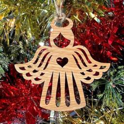 Wooden Beautiful Angel Christmas Tree Decoration - Xmas Ornament in Oak, Walnut Cherry Wood Or Silver, Gold, Red, Green Glitter - thumbnail 1