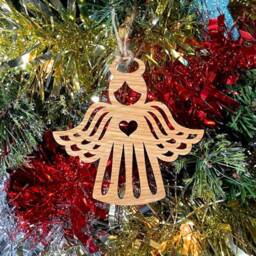 Wooden Beautiful Angel Christmas Tree Decoration - Xmas Ornament in Oak, Walnut Cherry Wood Or Silver, Gold, Red, Green Glitter - thumbnail 2