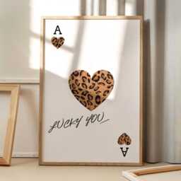 Lucky You Leopard Playing Card Art Canvas Poster, Wall Art, Apartment Aesthetic Decor, Retro Home Printed Gift - thumbnail 1