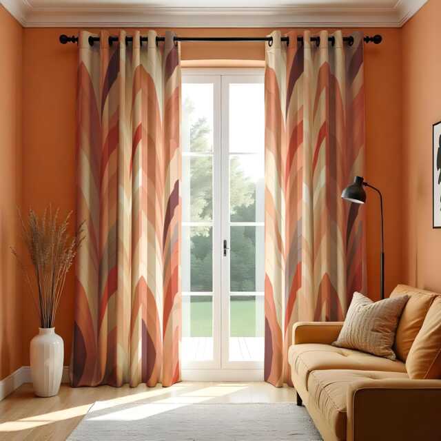 Modern Chevron Curtain, Soft Peach, Cream & Burgundy Waves Drapes, Abstract Geometric Window Treatment, Custom Size Available, Made To Order - image 1