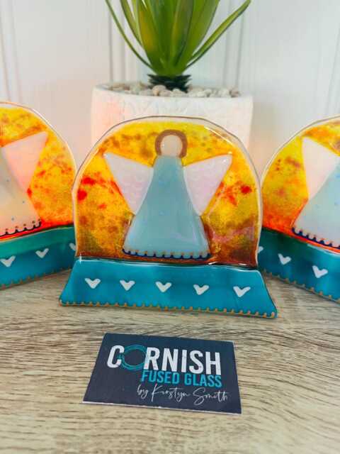 Sunset With Angel Fused Glass Snowglobe Memorial Candle Holder Christmas Ornament - Cornish - image 1