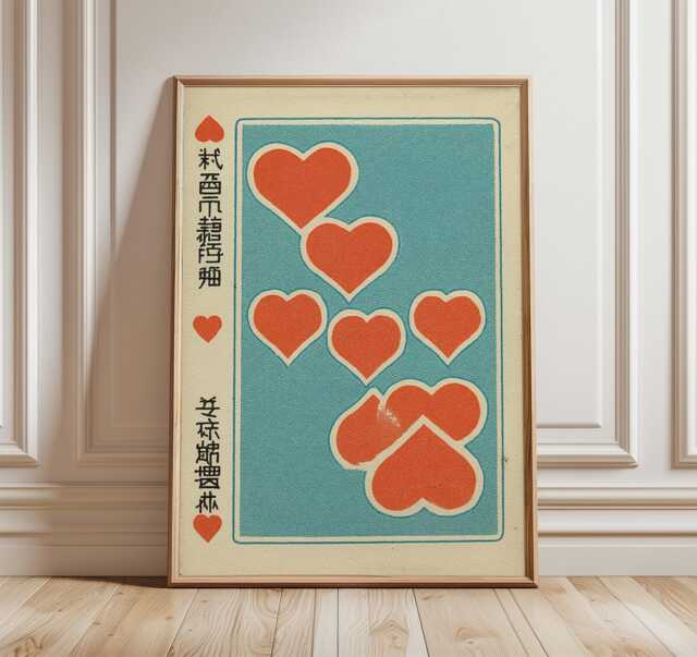 Japanese Playing Card Art Print, Mid Century Modern Wall Art, Vintage Hearts Poster, Retro Asian Inspired Home Decor - image 1