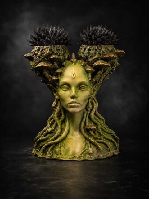 Hand-Painted Cast Stone Mushroom Head Planter - Fungal Faerie Queen Face Pot - image 1