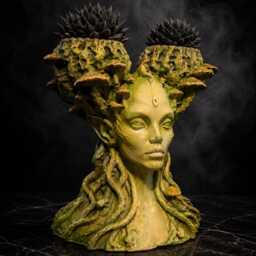 Hand-Painted Cast Stone Mushroom Head Planter - Fungal Faerie Queen Face Pot - thumbnail 2