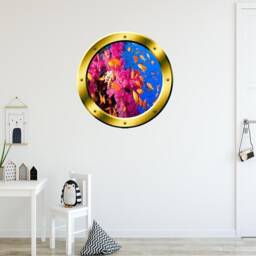 School Of Fish Porthole Wall Art Coral Reef Ocean View Vinyl Decal - Vwaq Gp2