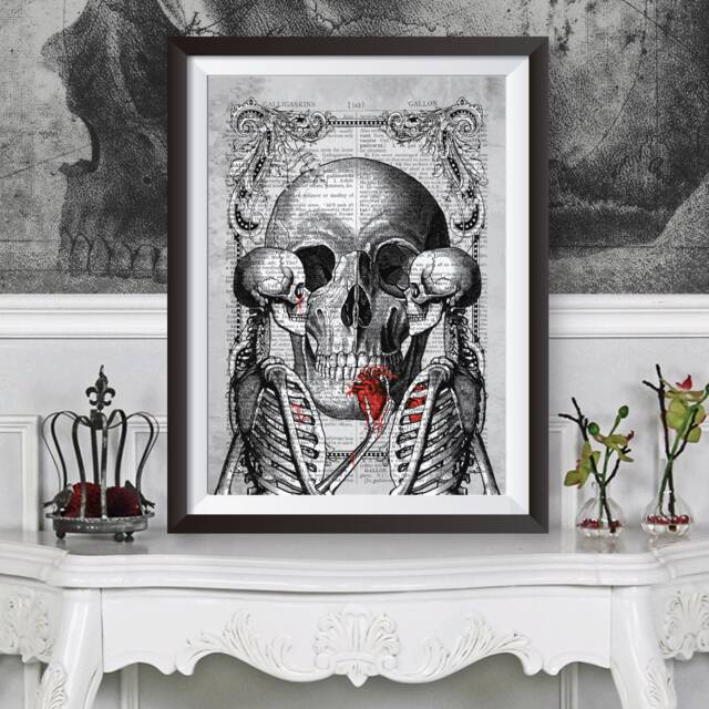 Anatomical Couple Skeletons, Gothic Victorian Wall Decor, Dictionary Art, Dark Poster, Heart, Skull Artwork Poster Print - image 1