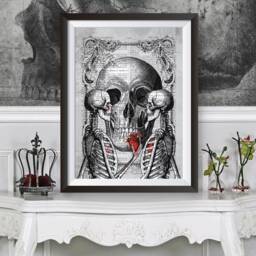 Anatomical Couple Skeletons, Gothic Victorian Wall Decor, Dictionary Art, Dark Poster, Heart, Skull Artwork Poster Print - thumbnail 1
