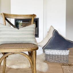 striped Linen Pillow Cover Teal Green Grain Sack Cushion, Jute Trim - thumbnail 4