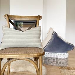 striped Linen Pillow Cover Teal Green Grain Sack Cushion, Jute Trim - thumbnail 3