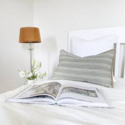 striped Linen Pillow Cover Teal Green Grain Sack Cushion, Jute Trim - thumbnail 1