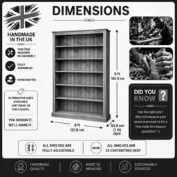 Solid Pine 6Ft Bookcase, Handcrafted Adjustable Display Shelving Unit - thumbnail 3