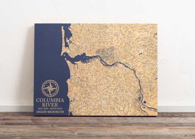 Columbia River, Oregon Washington Map - Engraved Wood Coastal Chart Wall Art Sign, Beach Home Decor Nautical Print, Personalized Family Gift - image 1