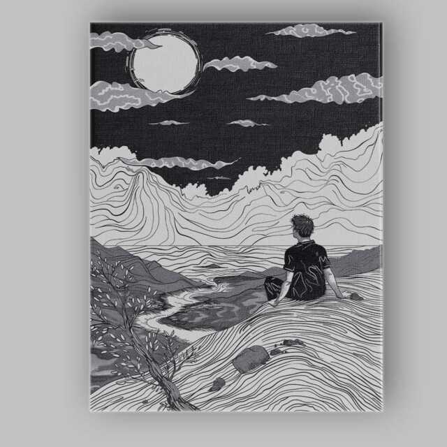 Black White Moonlit Mountain Landscape Line Art Canvas Wall Print Decor Picture Ready To Hang - image 1