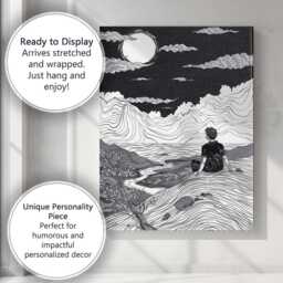 Black White Moonlit Mountain Landscape Line Art Canvas Wall Print Decor Picture Ready To Hang - thumbnail 3