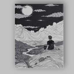 Black White Moonlit Mountain Landscape Line Art Canvas Wall Print Decor Picture Ready To Hang - thumbnail 1