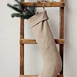 Hand Embroidered Linen Christmas Stocking Natural Holiday Decor - thumbnail 2